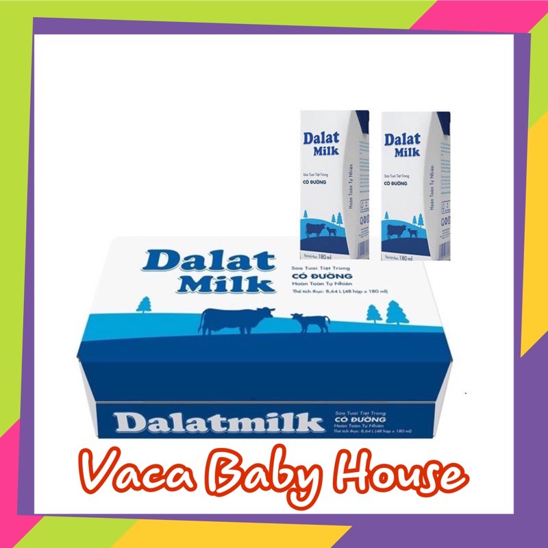 Sữa tiệt trùng DALAT MILK thùng 48 hộp 180ml có đường/ ít đường