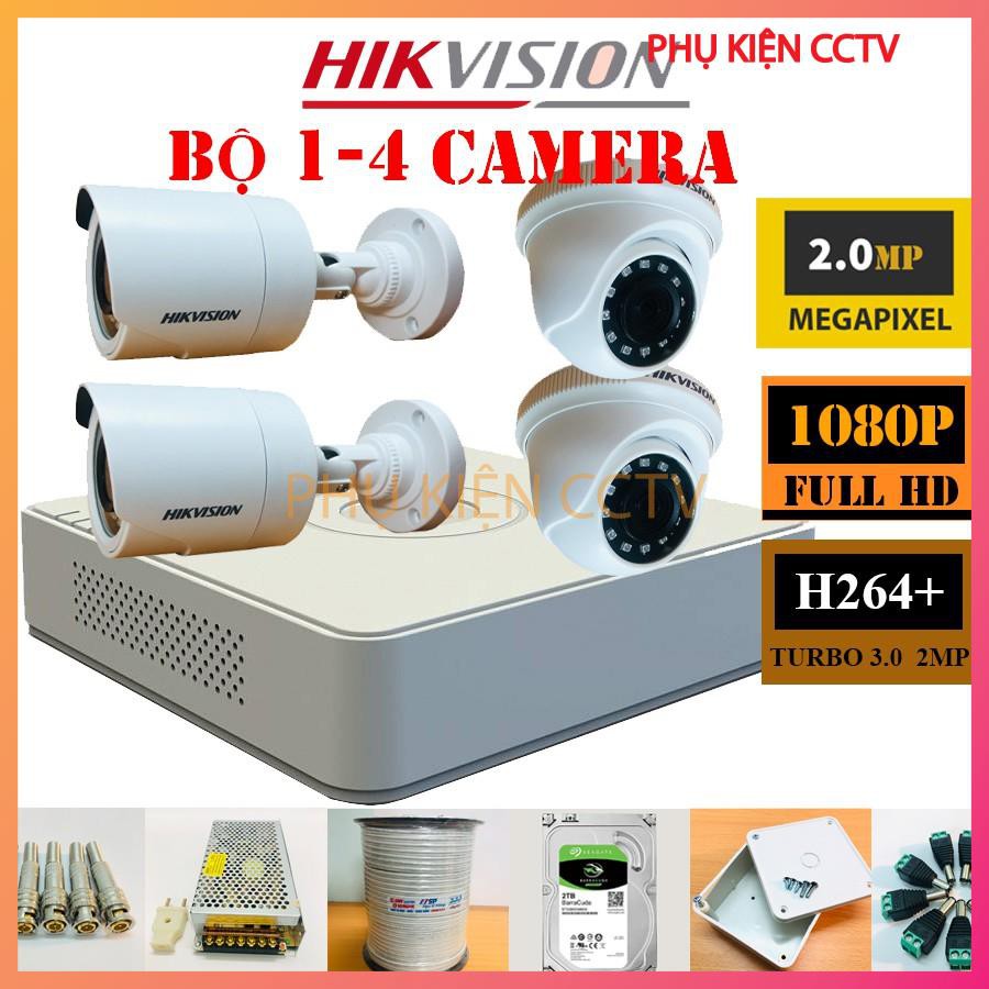 Bộ Camera Hikvision 1/2/3/4 Mắt 2Mp Chính Hãng Full Phụ Kiện Lắp Đặt Hồng Ngoại 20m