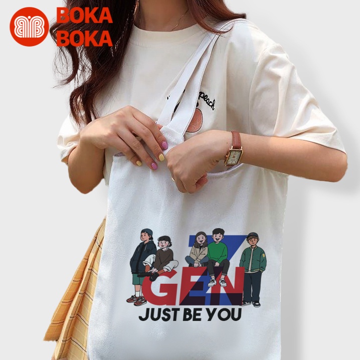 Túi tote vải đi học in chữ Gen Z thời trang phong cách Hàn Quốc đi học giá rẻ có khóa kéo