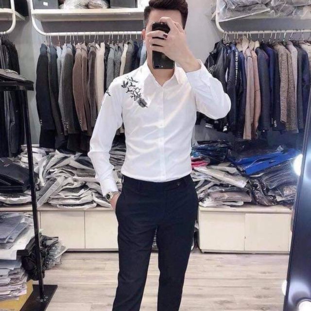 Áo sơ mi nam dài tay thêu chim vai+ ống tay