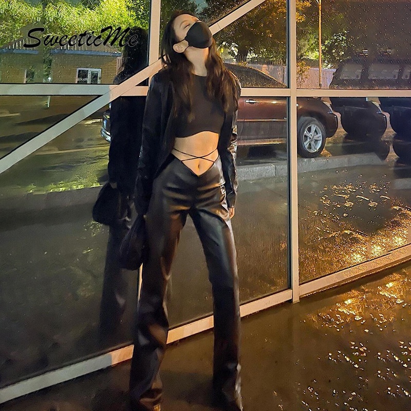 Quần Dài Nữ SweeticMe 2021 Da PU Ống Rộng Lưng Cao Thời Trang