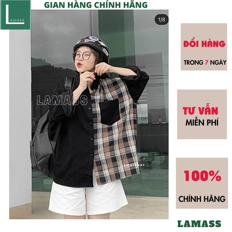 Áo sơ mi nữ phối kẻ caro túi hộp form to rộng unisex ulzzang cực xinh vitage -LAMASS