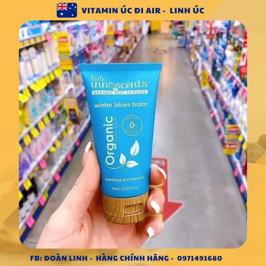 Dầu bôi ấm ngực Organic Little Innoscents Phòng ngừa cảm cúm giảm ho ngạt mũi cho bé 75ml Úc, Hàng chuẩn Úc đi air