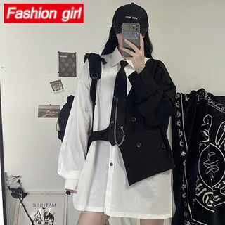 Áo Sơ Mi Tay Dài Giả Hai Lớp Dáng Rộng Phối Cà Vạt Phong Cách Hàn Quốc Thời Trang Dành Cho Nam Và Nữ