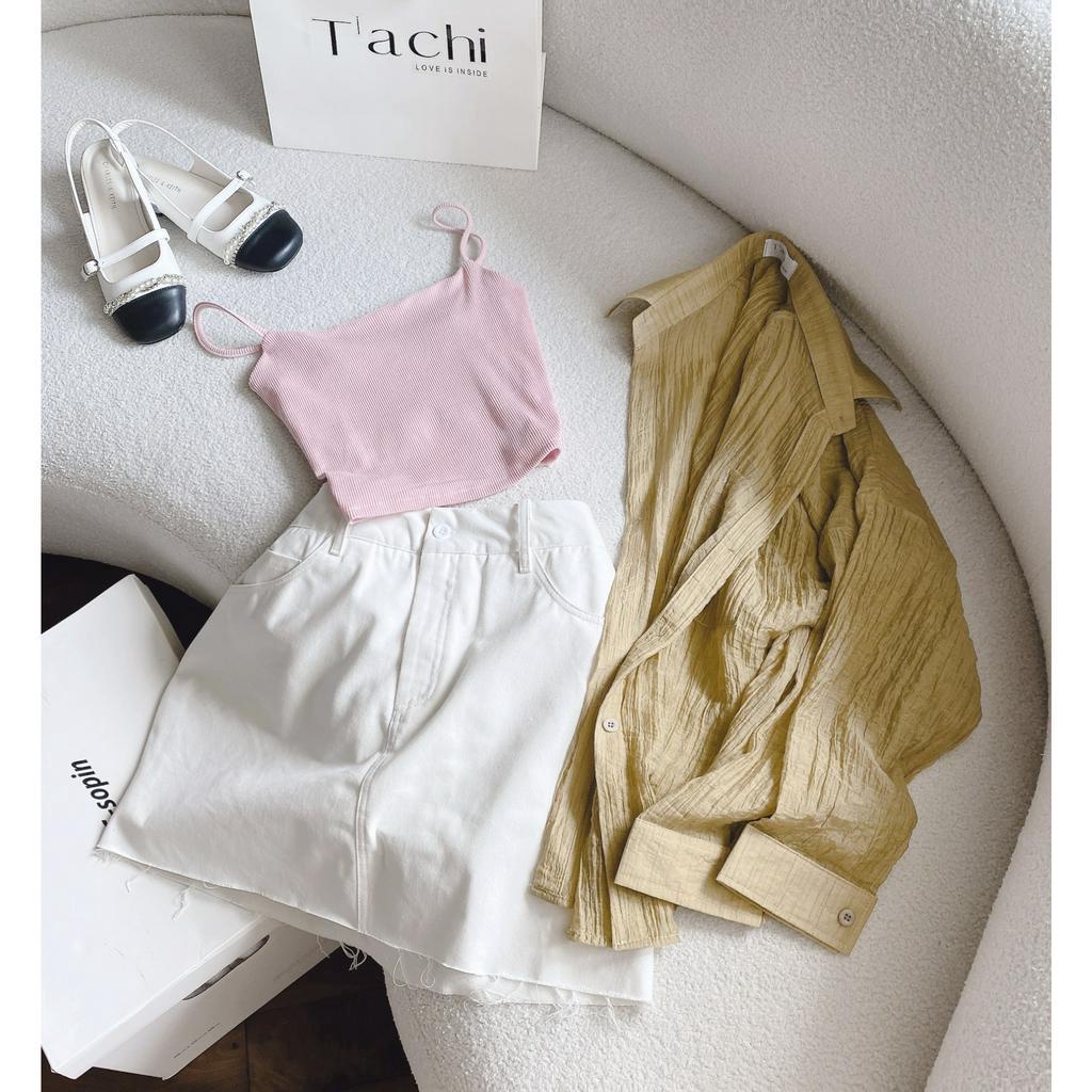 SET 3 MÓN KEM HỒNG: ÁO SƠ MI XƯỢC KEM ĐẬM + ÁO LÓT 2 DÂY HỒNG + CHÂN VÁY TRẮNG TƯA (TH)