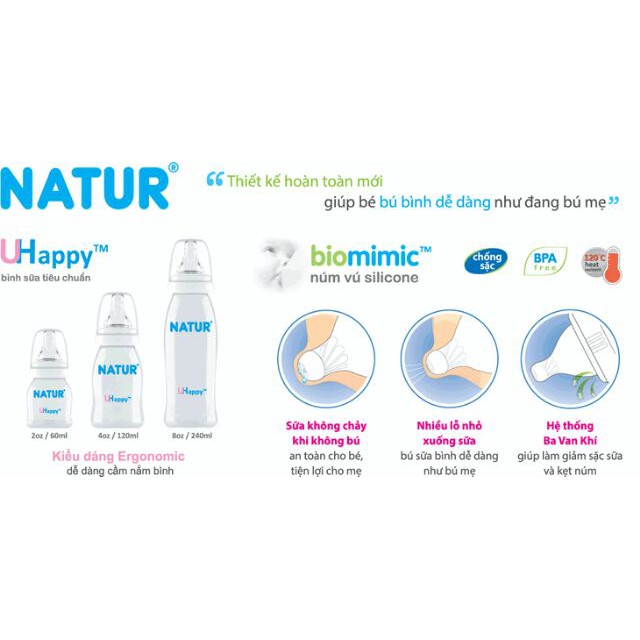 Combo 2 bình sữa Natur Uhappy Thái Lan 60ml/120ml/240ml