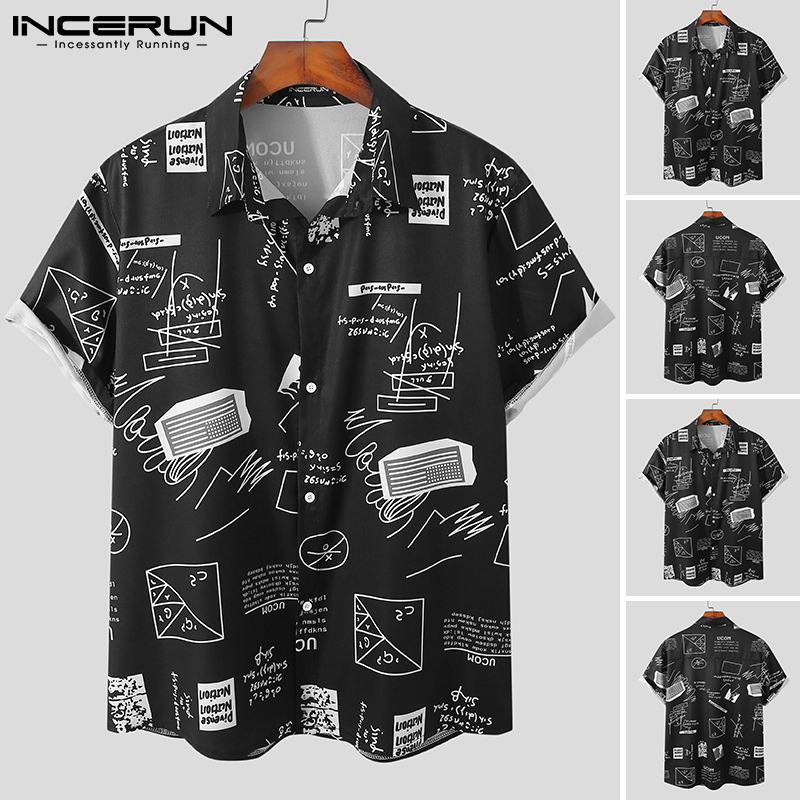 Áo Sơ Mi INCERUN Tay Ngắn Cổ Bẻ Có Hàng Nút Cài In Họa Tiết Thời Trang Cho Nam
