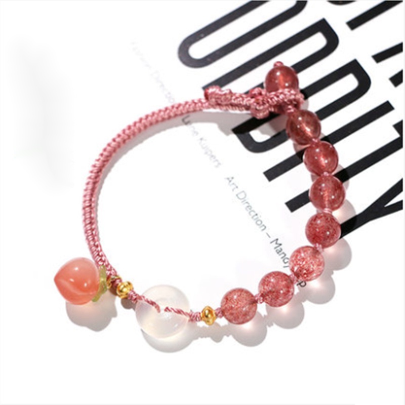 [Hàng Mới Về] Vòng Tay Bện Dây Đính Hạt Pha Lê Hồng Họa Tiết Trái Dâu / Đào Xinh Xắn Dành Cho Nữ