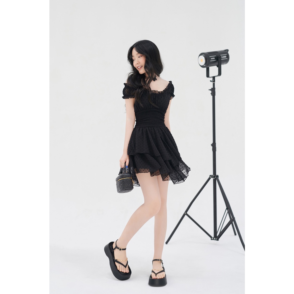 MYUNG - Đầm trễ vai 2 tầng vải voan thêu hạt nổi eo nhún - PHOEBE DRESS