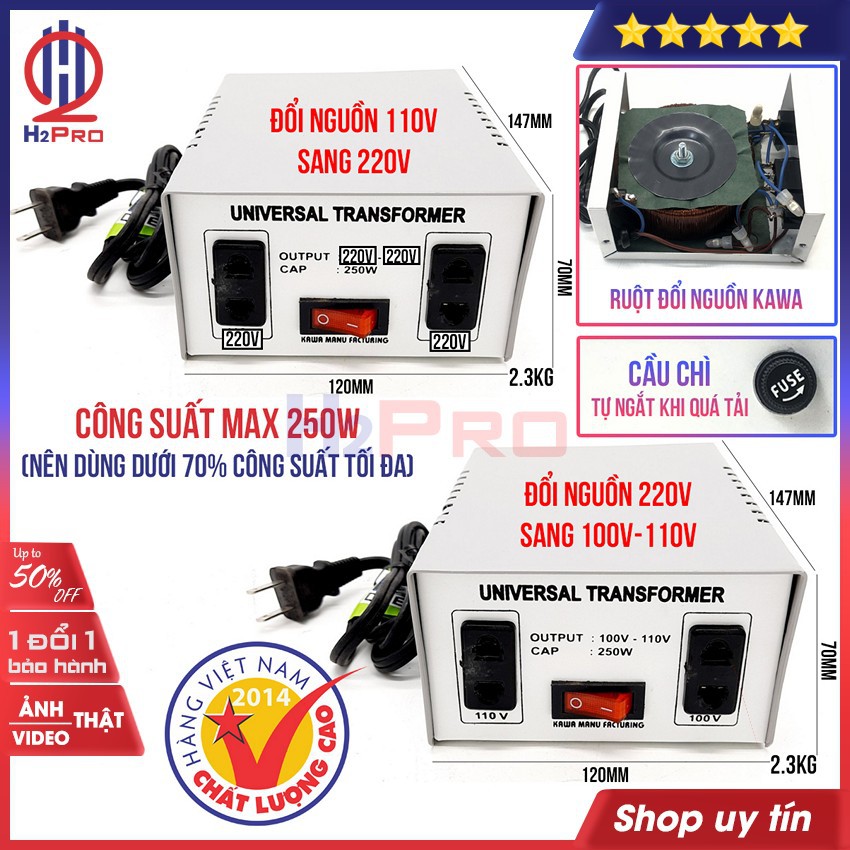 Bộ đổi nguồn 220V sang 110V-100V hoặc đổi nguồn 110V sang 220V KAWA H2Pro 250W cao cấp, chất lượng cao-an toàn