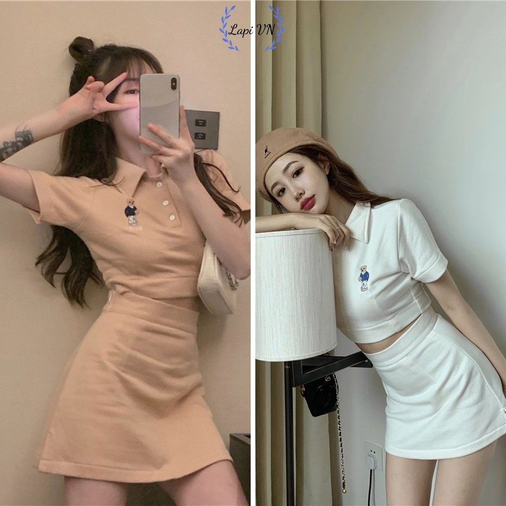 Set Bộ Váy Chữ A Kèm Áo Croptop Có Cổ Bao Xinh- Lapi VN, Đồ Bộ Nữ, Hình Thêu Có Kèm Lót Trong