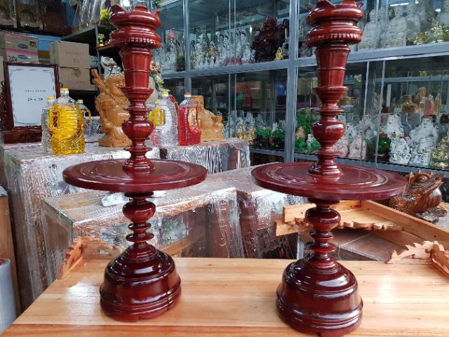 Cặp chân đèn gỗ xà cừ màu nâu đỏ cao 53 cm