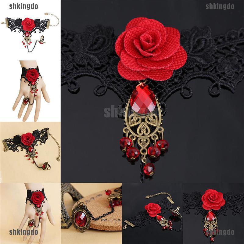 Vòng tay ren hoa hồng đỏ phong cách gothic có thể điều chỉnh kích cỡ