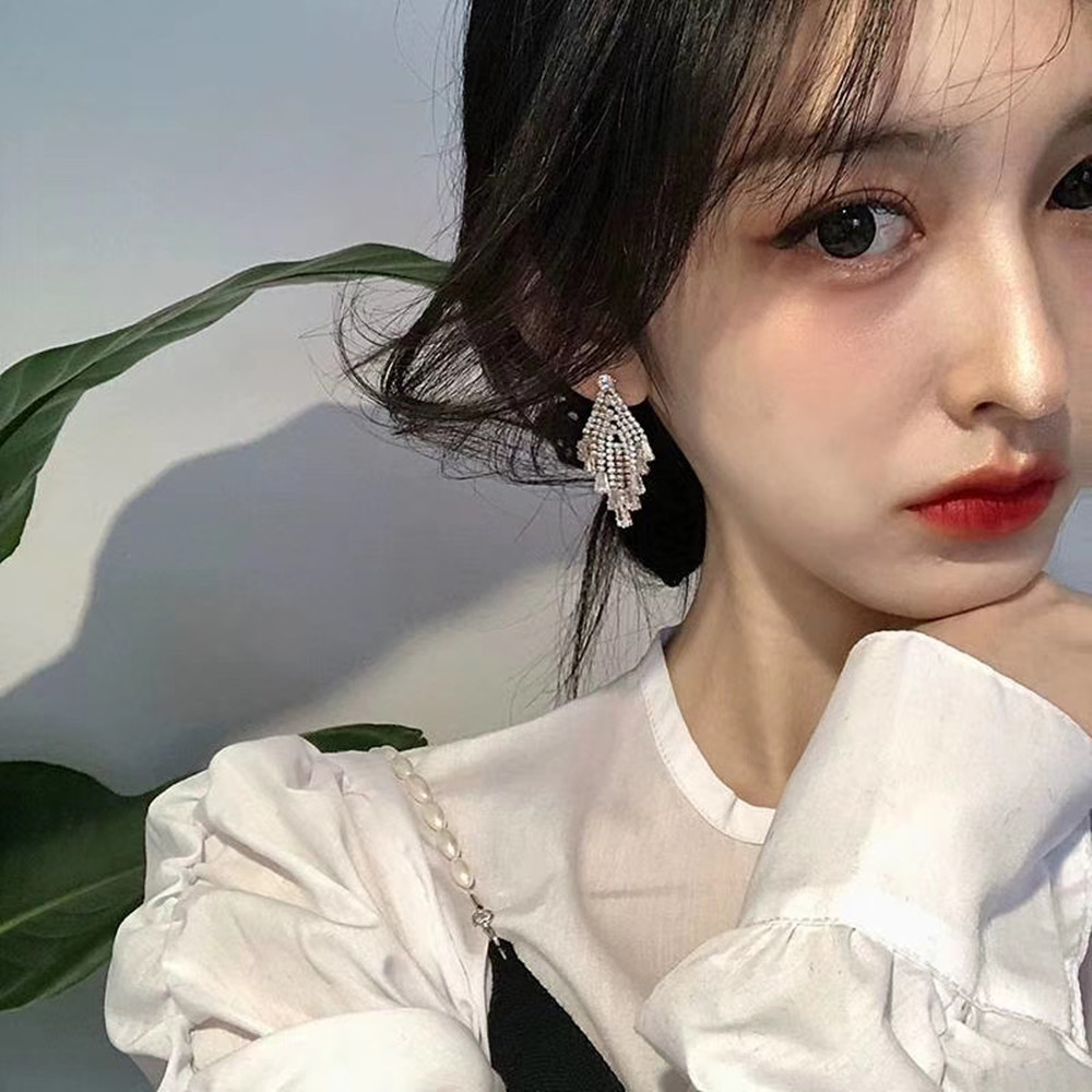 Đôi bông tai bạc S925 dây dài tua rua đính kim cương phong cách Hàn Quốc
