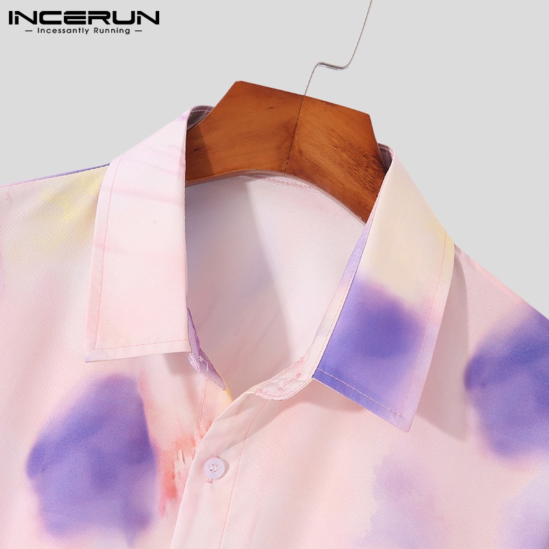 Áo sơ mi INCERUN tay dài cổ bẻ nhuộm màu loang thời trang dành cho bạn nam