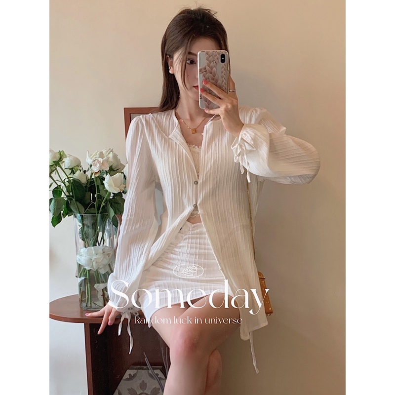 Set Áo Sơ Mi Tay Dài Chống Nắng Phối Chân Váy Lưng Cao Phong Cách Hàn Quốc Cao Cấp