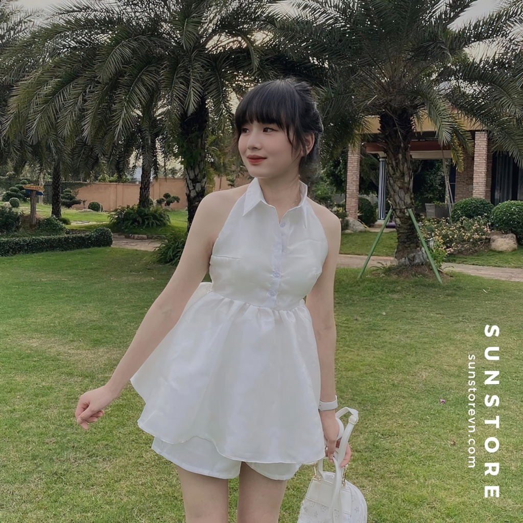 Áo kiểu nữ không tay hở lưng màu trắng tiểu thư