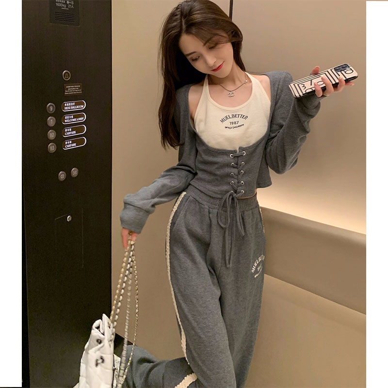 Set Áo Thun Dài Tay Giả Hai Lớp + Quần Dài Lưng Cao Xẻ Tà Phong Cách Nhật Bản Cho Nữ
