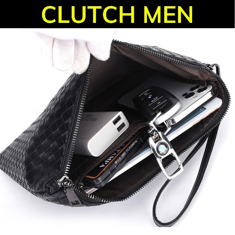 Ví cầm tay Nam 2021 -BH 24 tháng- ví da nam đan tay thủ công- clutch nam màu đen