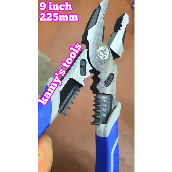 Kìm điện tuốt dây điện bấm cos đa năng 9 inch 225mm Rur R2220, kìm bằng