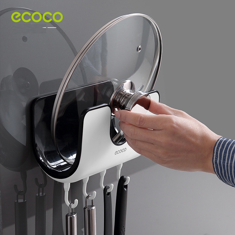 Kệ đựng nắp nồi Ecoco có 4 móc treo dán tường tiết kiệm không gian nha bếp