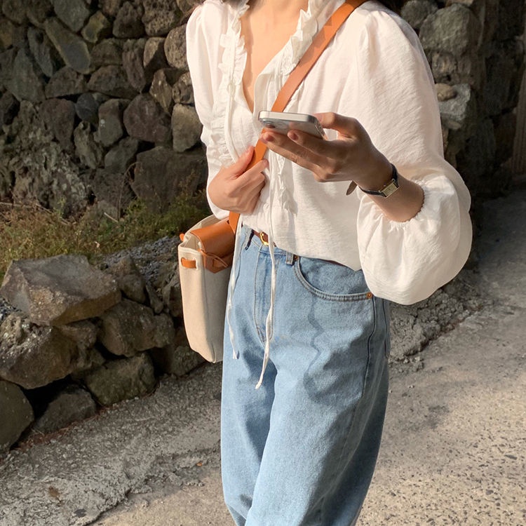 Áo Sơ Mi Phối Ren Màu Trắng Ngọt Ngào Phong Cách Hàn Quốc