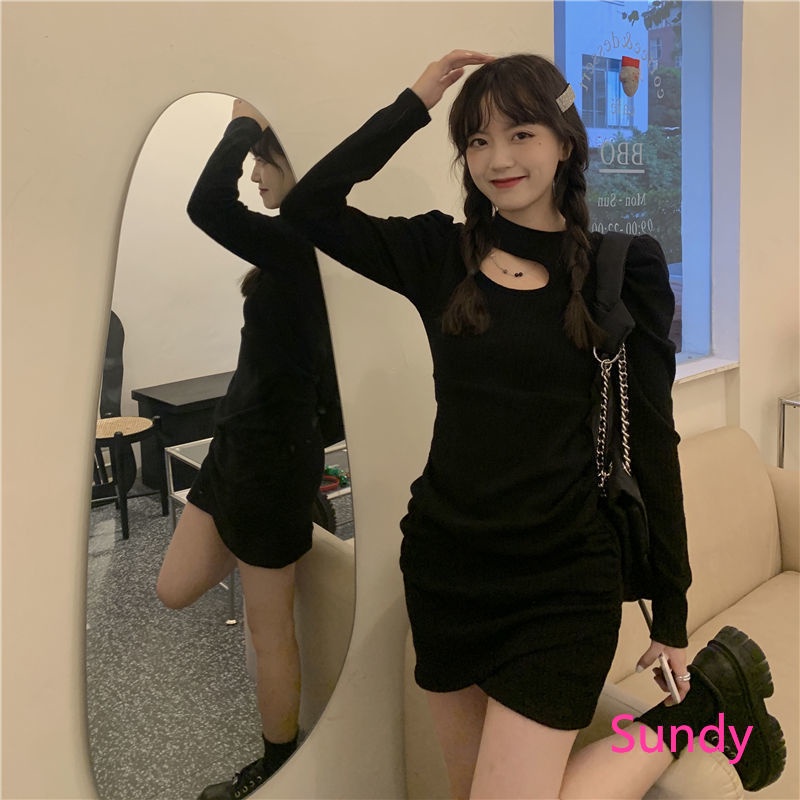 Đầm Dài Tay Màu Trơn Thời Trang Mùa Thu Quyến Rũ Giản Dị Dành Cho Nữ