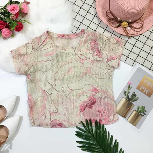 Áo kiểu hoa lưới ô tay con ảnh chụp thật 100%