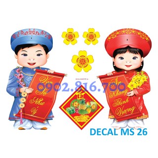 Decan Hoa mai - hoa đào - 2 em bé áo dài - Lân dán kiếng dán tường phụ kiện trang trí tết