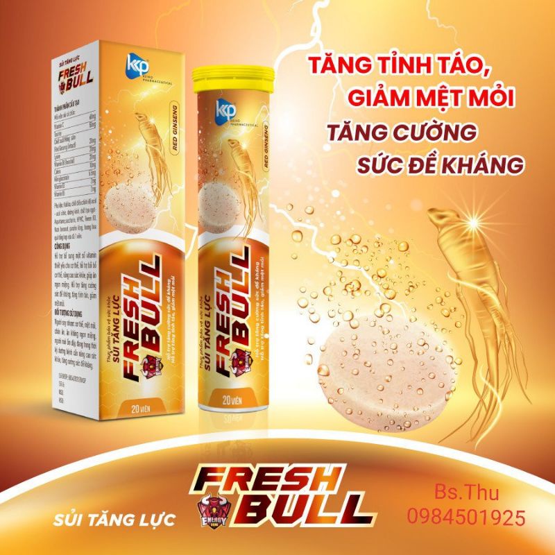 Sủi tăng lực Fresh Bull tube 20 viên bổ sung vitamin, khoáng giúp tăng tỉnh táo, giảm mệt mỏi, tăng sức đề kháng