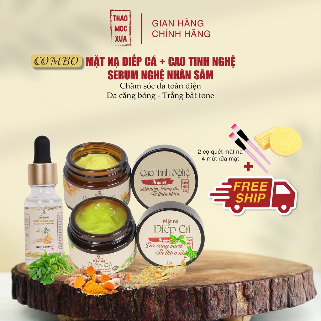 Combo giúp da trắng hồng và căng bóng bật tone Mặt nạ diếp cá 50gr+ Cao Tinh Nghệ 50gr+ Serum Nghệ nhân sâm Thảo Mộc Xưa