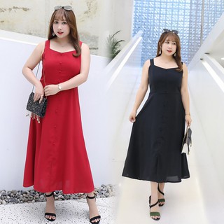 Đầm 2 dây bản to cúc thân trước cho người béo mập