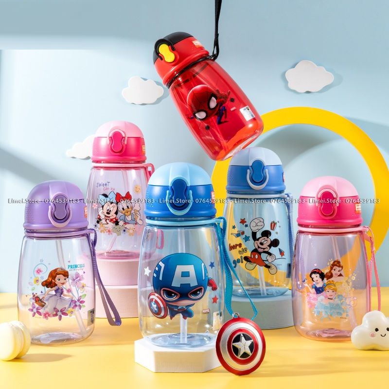 Bình nước ống hút cao cấp Disney Minnie Spiderman Captain Princess 530ml cho trẻ em 3375