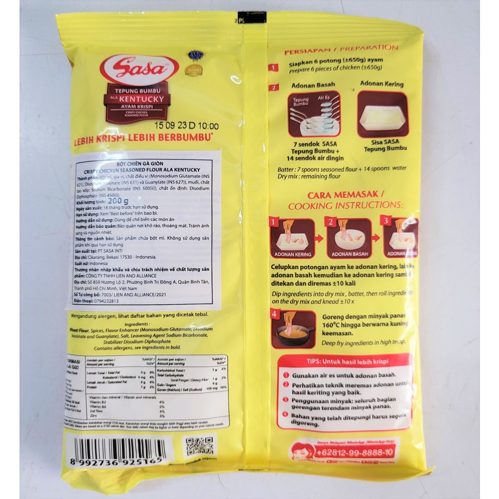 [Gói 200g – KENTUCKY ] BỘT CHIÊN GÀ GIÒN [Indonesia] SASA Crispy Chicken Seasoned Flour (halal)