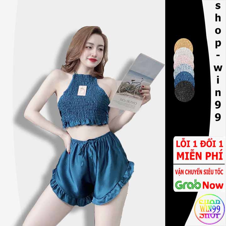 Đồ ngủ sexy / bộ mặc nhà 2 dây phối ren ngực chất liệu lụa cao cấp mềm mịn kèm quần đùi siê u cute freesize dưới 58kg