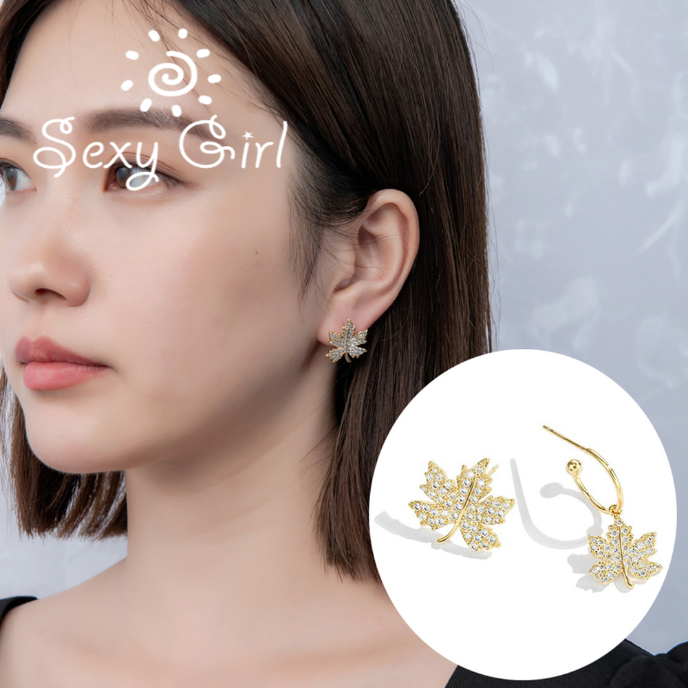 Bông tai bạc hình lá phong đính kim cương sáng tạo thời trang cho nữ