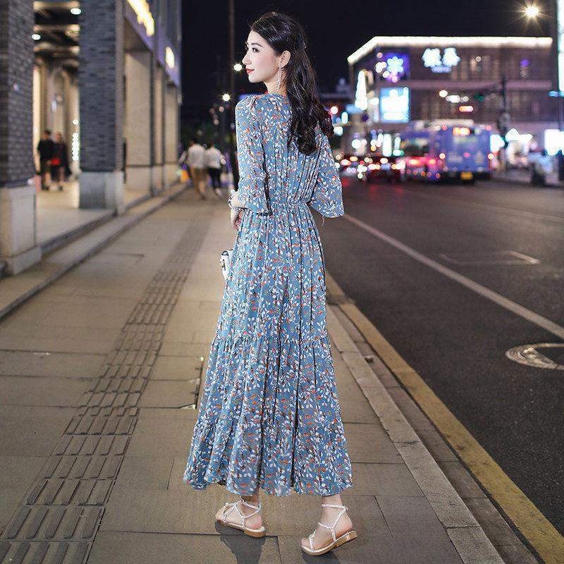 Đầm Dài Họa Tiết Hoa Phong Cách Hàn Quốc Thời Trang Cho Nữ