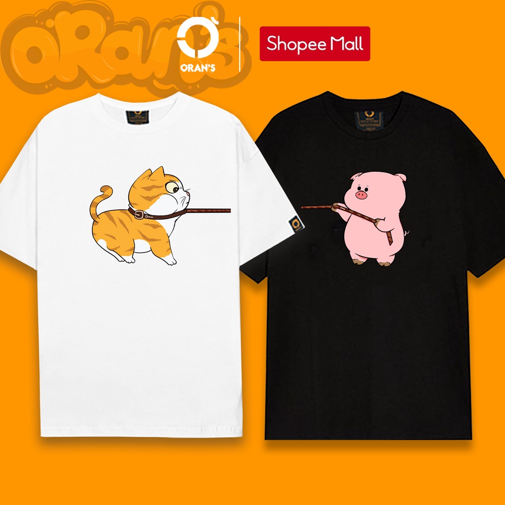 Áo gia đình in hình con heo kéo con mèo 07 tay lỡ Oversize chất COTTON 4C, FULLBOX ORANS COUPLE TEE - ORAN'S