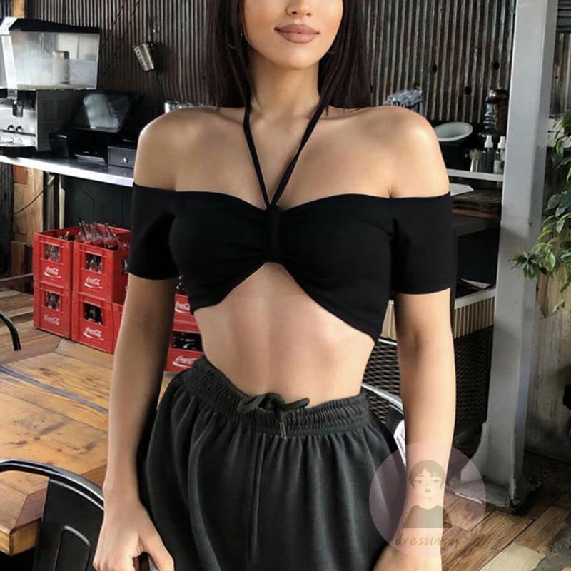 Áo Croptop Tay Ngắn Hở Vai Màu Sắc Trơn Dành Cho Nữ