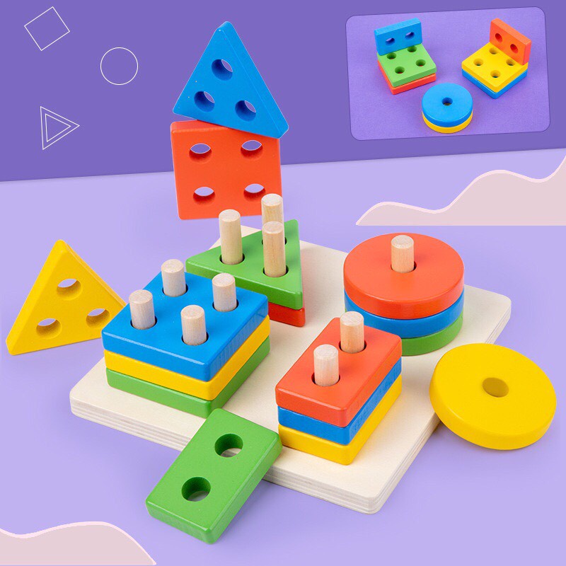 Đồ Chơi cho bé Thả cọc Hình Khối 4 trong 1 đồ chơi giáo dục Montessori Phân Loại an toàn trẻ 0 đến 6 tuổi