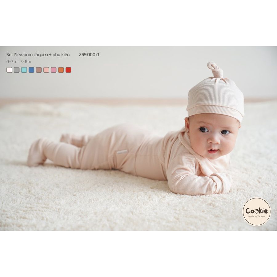 Set mũ bao chân bao tay yếm sơ sinh Cookie chất vải cotton thun tăm lạnh điều hòa 4 mùa size 0 6 tháng tuổi