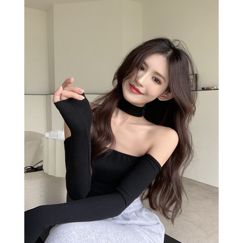 Cocory vn Áo Croptop Trễ Vai Tay Dài Màu Trơn Thiết Kế Hợp Thời Trang Cho Phái Nữ