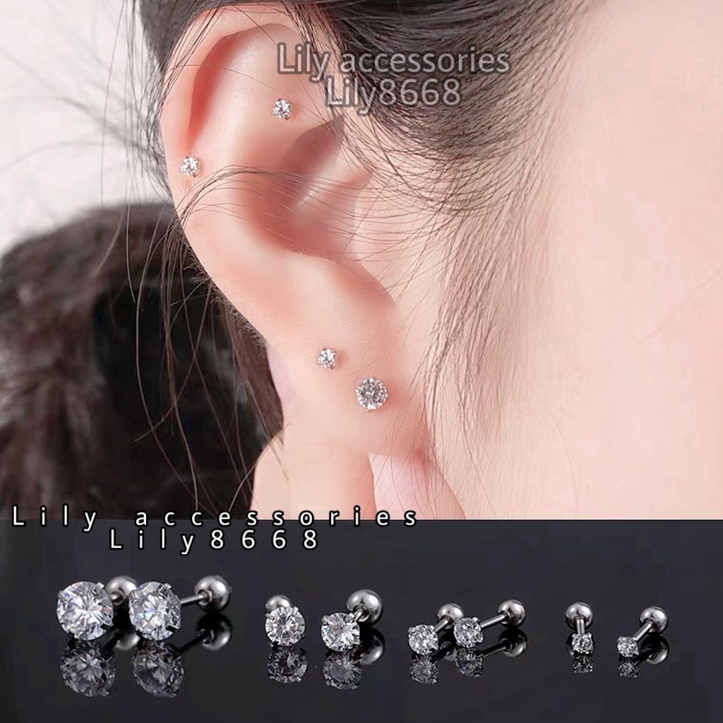 Khuyên tai tròn xỏ sụn tai đính đá zircon thời trang cho nữ nam  thanh xỏ mỏng titan kim tròn không gỉ không đen