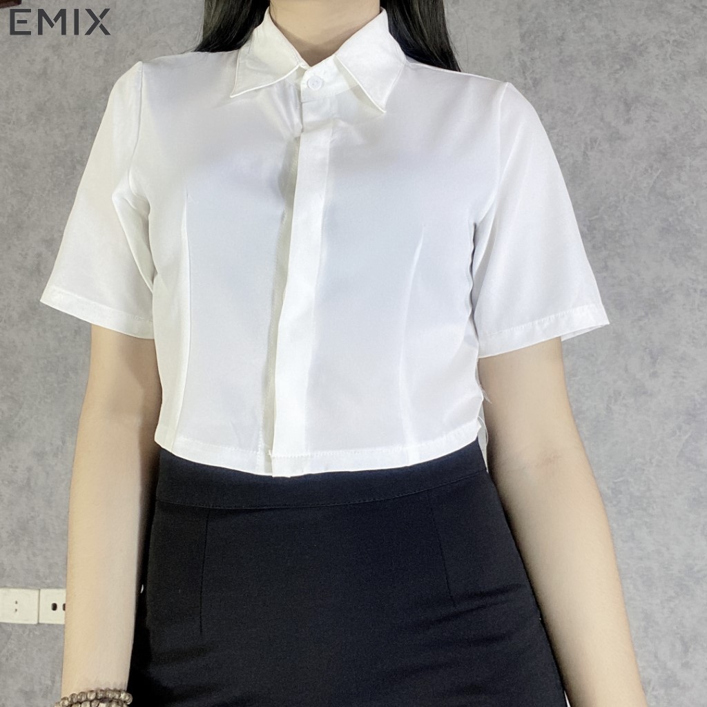 Áo sơ mi croptop chất lụa thô EMIX