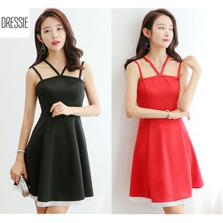 Đầm xòe đầm dự tiệc váy nữ áo đầm đẹp DRESSIE hở vai 2 dây thời trang nữ sexy đẹp dạo phố dự tiệc - DX182 (Đen - Đỏ)