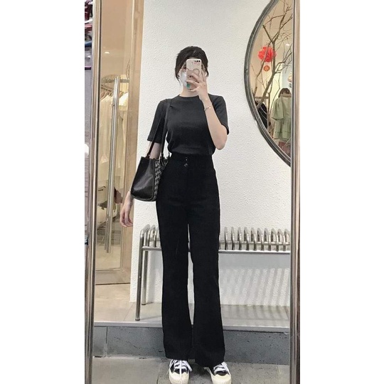 Quần KaKi Nữ Ống Loe Đen Trơn Hai Cúc Freeship Kèm Video Chất