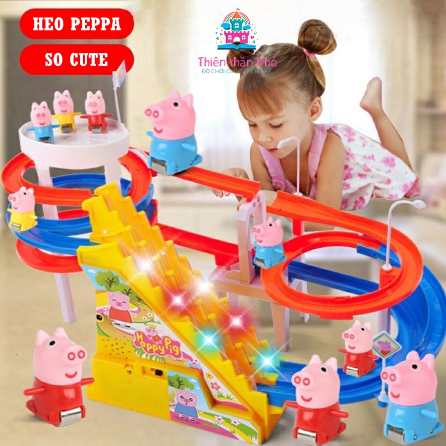 Bộ Đồ Chơi Heo Peppa Leo Cầu Thang Size Lớn Đường Ray Đôi Siêu Dễ Thương Cho Bé - Âm Nhạc Vui Nhộn