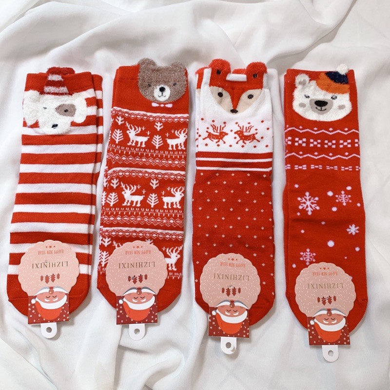 Set Box Vớ 4 Đôi Tất Noel Đỏ Cổ Cao Giáng Sinh Ấm Áp An Lành cotton kháng khuẩn, hàng loại 1dành cho cả nam và nữ