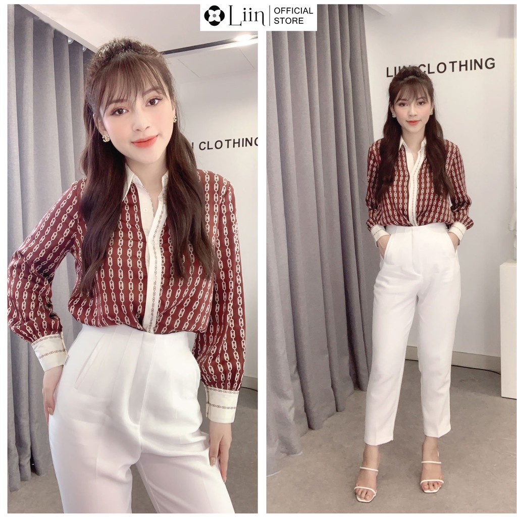 Áo sơ mi nữ màu Đỏ Đô Phối Trắng xinh xắn Liin Clothing SM3225