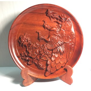 ĐĨA GỖ HƯƠNG VÂN NGUYÊN KHỐI ĐỂ BÀN, KỆ TỦ ĐÔI CHIM CÔNG SIÊU ĐẸP ( SIZE 26CM)  (ẢNH THẬT)